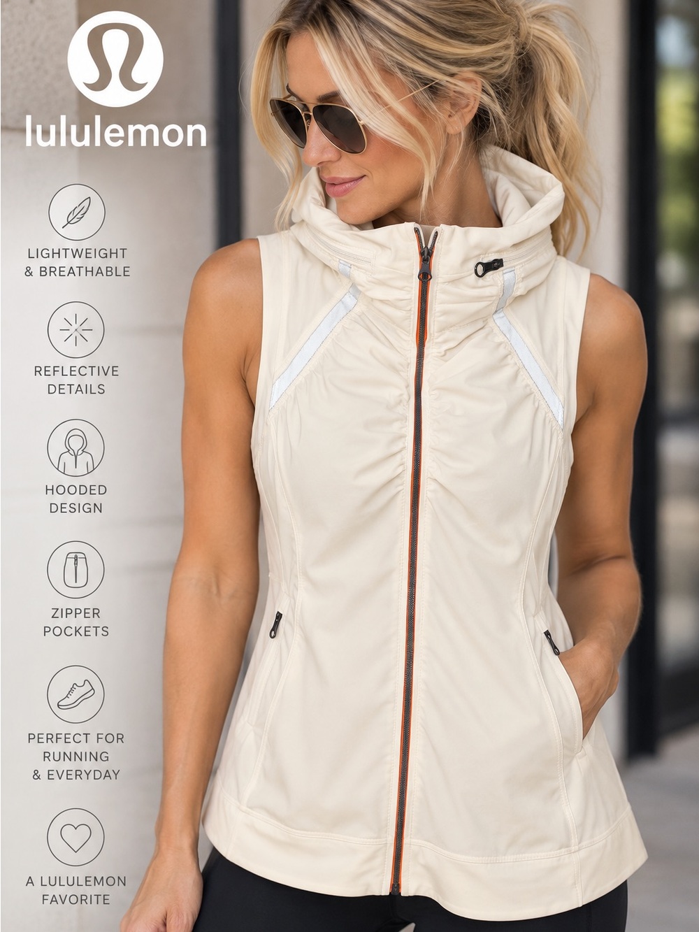 Lululemon Ivory Cream Hooded Running Vest Reflective Zip Front Size 4